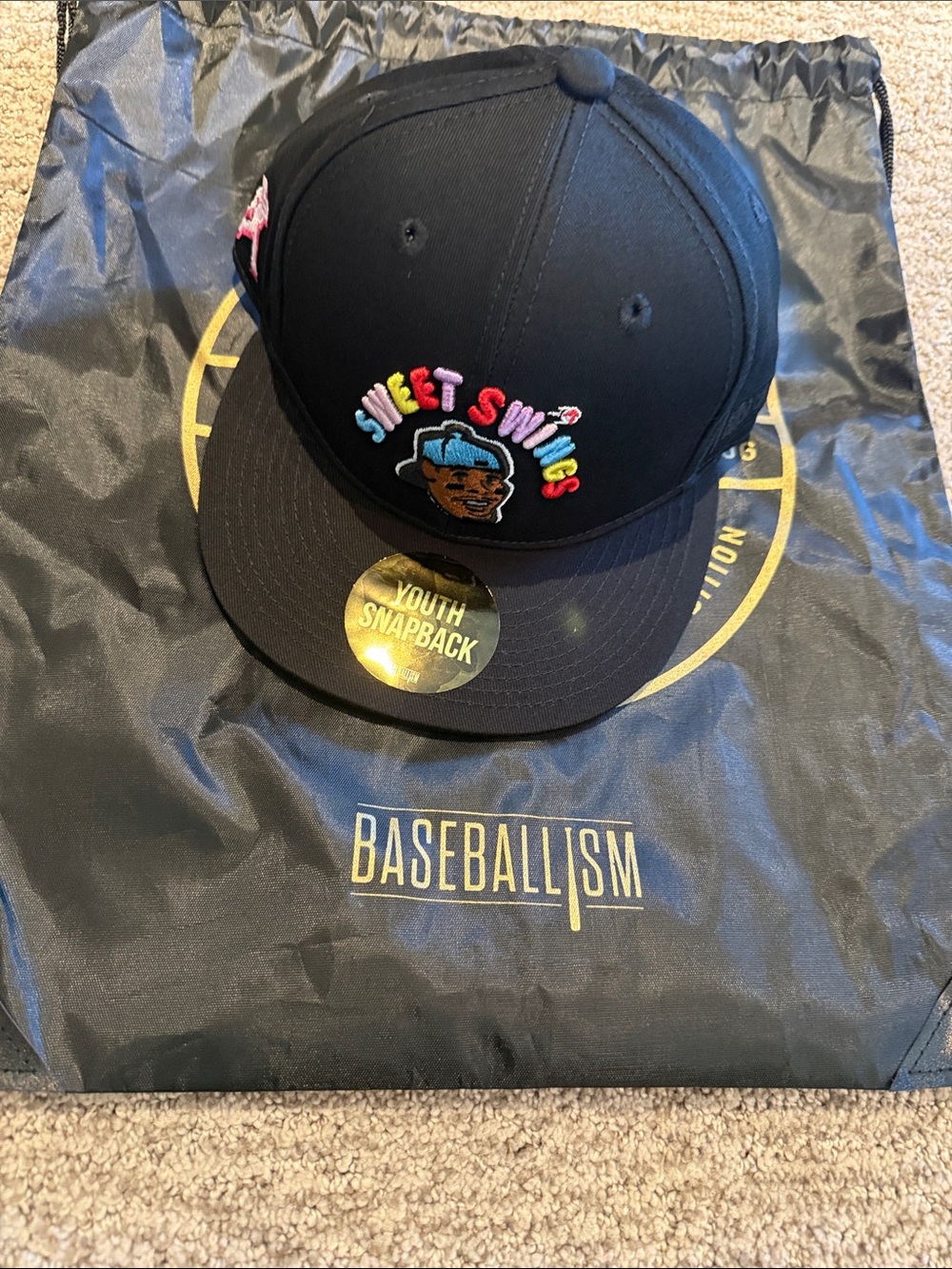 Youth size Baseballism Sweet Swings Black Snapback Hat